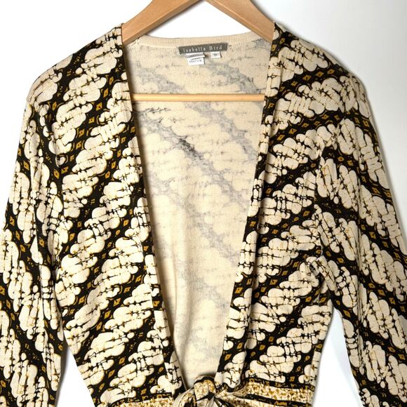 Isabella Bird Anthropologie Silk Cardigan Small Beige Black Geometric Tie Front - Picture 2 of 12
